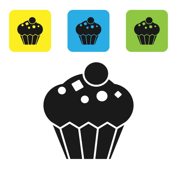 Schwarzes Muffin-Symbol auf weißem Hintergrund. setzen Symbole bunte quadratische Tasten. Vektorillustration — Stockvektor