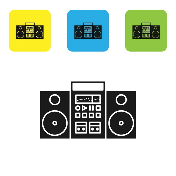 Svart Hem stereo med två högtalare ikon isolerad på vit bakgrund. Musiksystem. Ställ ikoner färgglada fyrkantiga knappar. Vektor Illustration — Stock vektor