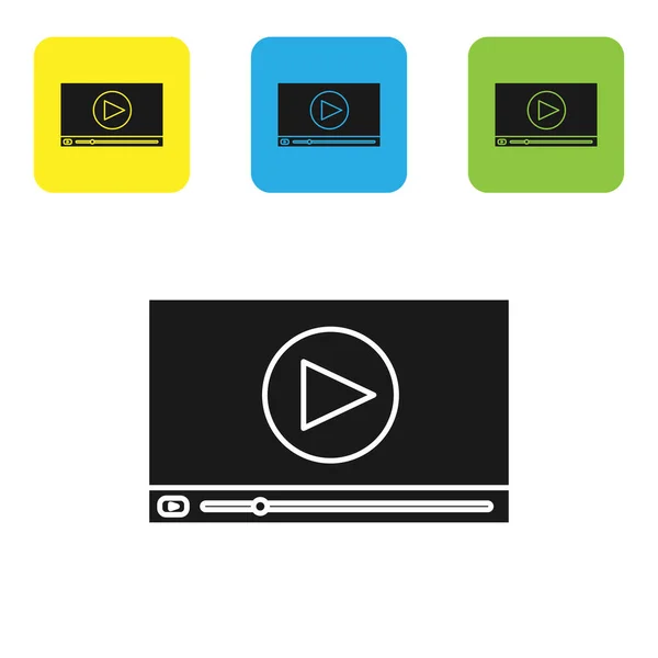 Negro Online reproducir icono de vídeo aislado sobre fondo blanco. Película de tira con señal de juego. Establecer iconos coloridos botones cuadrados. Ilustración vectorial — Archivo Imágenes Vectoriales