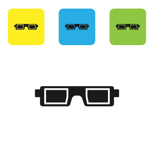 Siyah 3D sinema gözlüğü ikonu beyaz arkaplanda izole edilmiş. Renkli kare düğmeleri ayarlayın. Vektör İllüstrasyonu — Stok Vektör