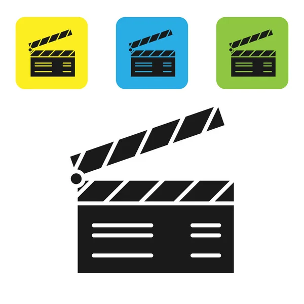 Película negra clapper icono aislado sobre fondo blanco. Tablero de aplausos de película. Signo de tablilla. Producción cinematográfica o concepto de industria de medios. Establecer iconos coloridos botones cuadrados. Ilustración vectorial — Vector de stock