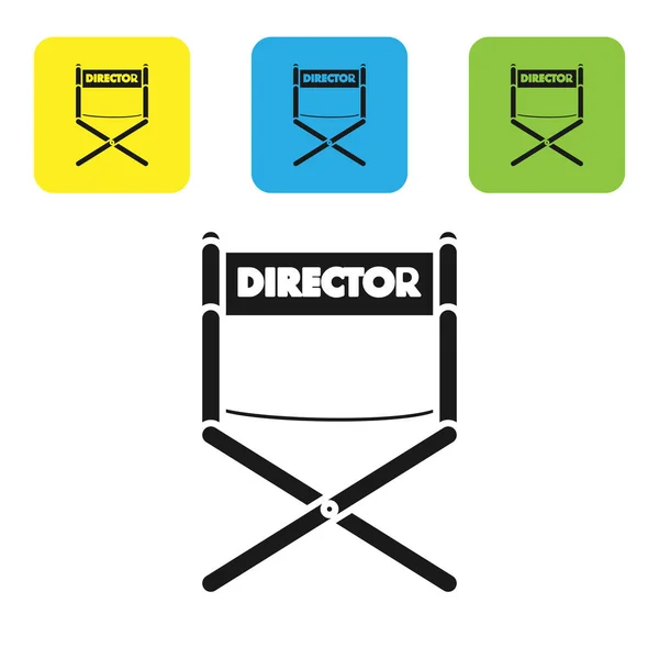 Иконка черного режиссерского кресла на белом фоне. Киноиндустрия. Настроить иконки красочные квадратные кнопки. Векторная миграция — стоковый вектор