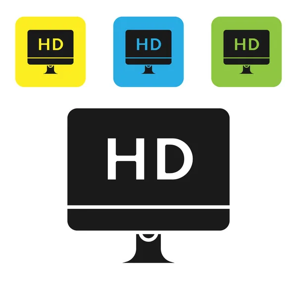 Beyaz arkaplanda izole edilmiş Hd video teknolojisi ikonu ile Siyah Bilgisayar Pc monitörü görüntüsü. Renkli kare düğmeleri ayarlayın. Vektör İllüstrasyonu — Stok Vektör