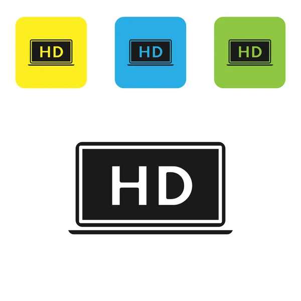 白い背景に隔離されたHdビデオ技術アイコンと黒のラップトップ画面。カラフルな正方形のボタンを設定します。ベクターイラスト — ストックベクタ