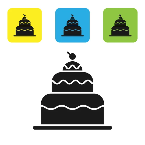 白を基調としたブラックケーキのアイコン。誕生日おめでとうカラフルな正方形のボタンを設定します。ベクターイラスト — ストックベクタ