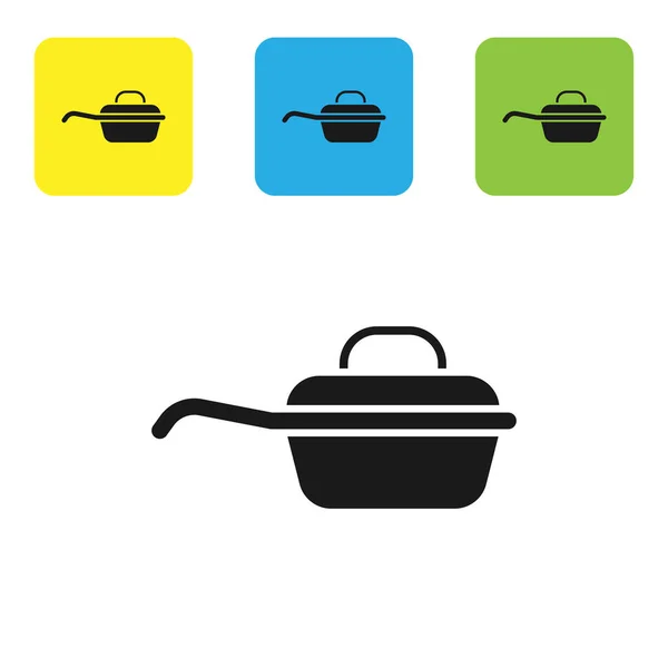 Zwarte koekenpan pictogram geïsoleerd op witte achtergrond. Frituur of gebraden voedsel symbool. Stel pictogrammen kleurrijke vierkante knoppen. Vector Illustratie — Stockvector