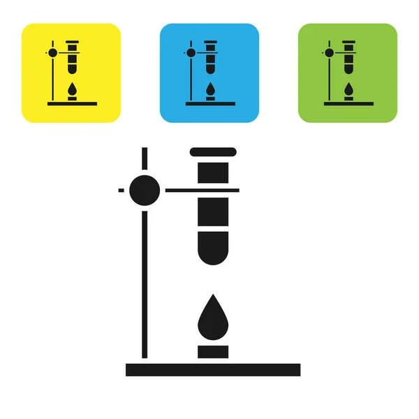Kolba probówki z czarnego szkła na ikonie eksperymentu z ogrzewaczem pożarowym izolowana na białym tle. Wyposażenie laboratoryjne. Zestaw ikon kolorowe przyciski kwadratowe. Ilustracja wektora — Wektor stockowy