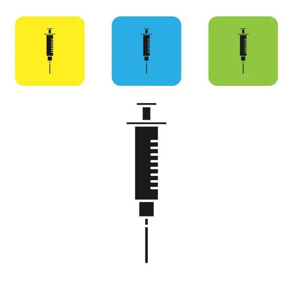Ikona černé stříkačky je izolovaná na bílém pozadí. Stříkačka na vakcínu, očkování, injekci, chřipku. Lékařské vybavení. Nastavení ikon barevných čtvercových tlačítek. Vektorová ilustrace — Stockový vektor