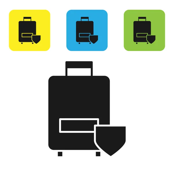 Black Travel koffer pictogram geïsoleerd op witte achtergrond. Reisbagageverzekering. Beveiliging, veiligheid, bescherming, bescherming concept. Stel pictogrammen kleurrijke vierkante knoppen. Vector Illustratie — Stockvector