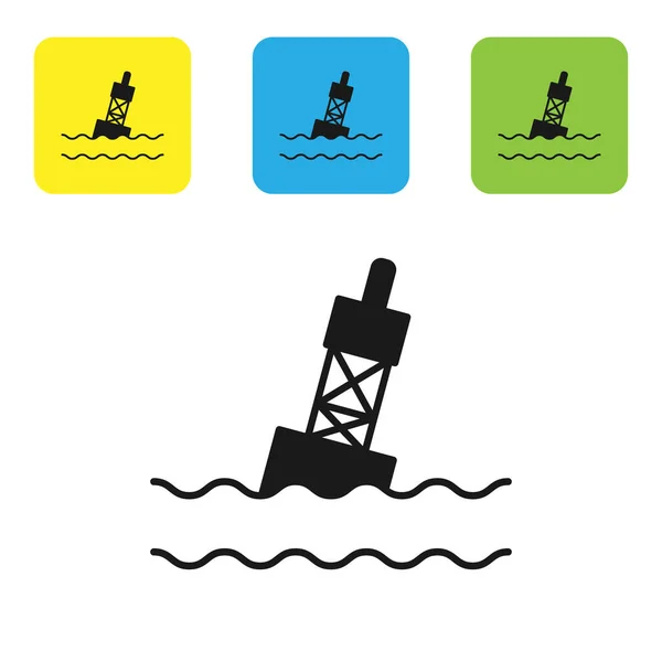 Boa galleggiante nera sull'icona del mare isolata su sfondo bianco. Set icone colorate pulsanti quadrati. Illustrazione vettoriale — Vettoriale Stock