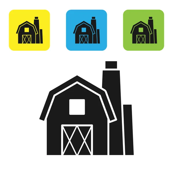 Siyah Farm House kavramı simge beyaz arka planda izole. Rustik çiftlik peyzaj. Set simgeleri renkli kare düğmeler. Vektör Illustration