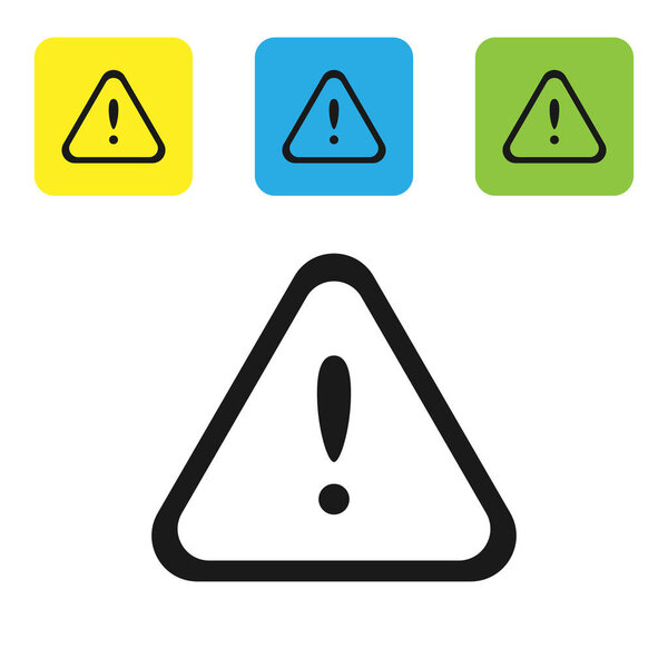 Black Exclamation mark in triangle icon isolated on white background. Hazard warning sign, careful, attention, danger warning important sign. Set icons colorful square buttons. Vector Illustration
