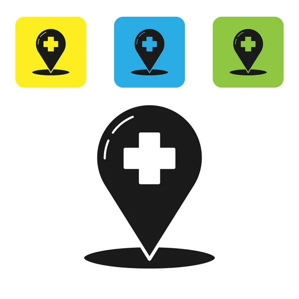 Черный указатель медицинской карты с крестиком на белом фоне. Настроить иконки красочные квадратные кнопки. Векторная миграция — стоковый вектор