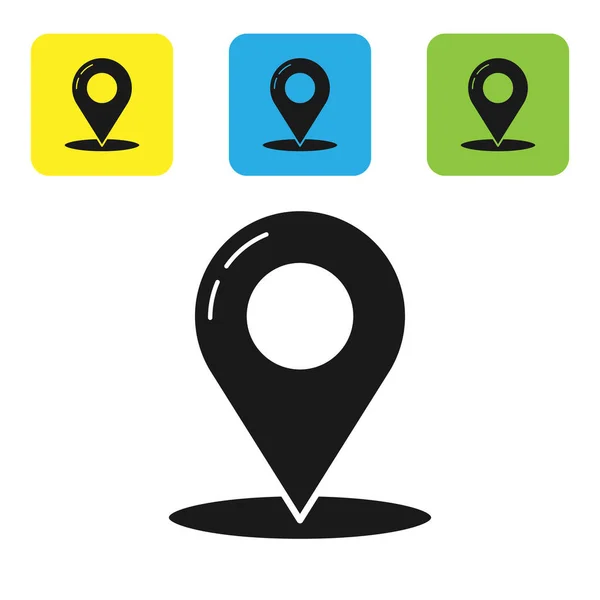 Zwarte kaart PIN pictogram geïsoleerd op witte achtergrond. Navigatie, pointer, locatie, kaart, GPS, richting, plaats, kompas, contact, zoek concept. Pictogrammen instellen kleurrijke vierkante knoppen. Vector illustratie — Stockvector