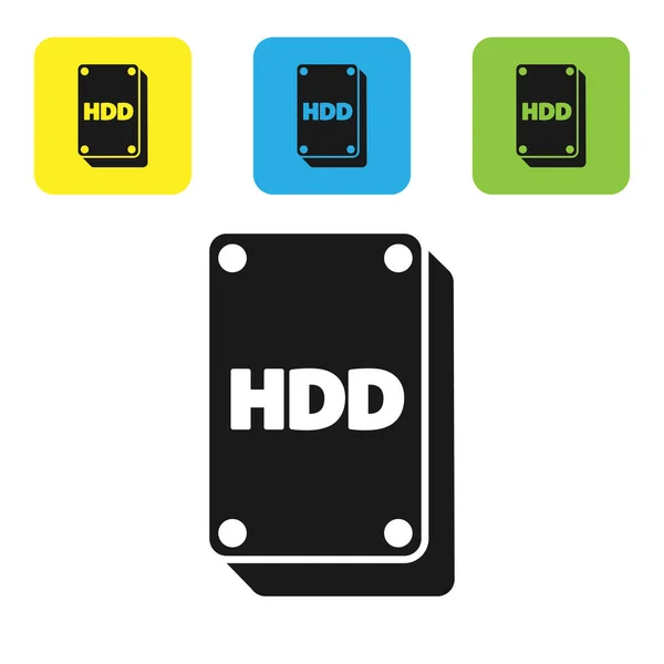 黒のハードディスクドライブ白の背景に隔離されたHddアイコン。カラフルな正方形のボタンを設定します。ベクターイラスト — ストックベクタ