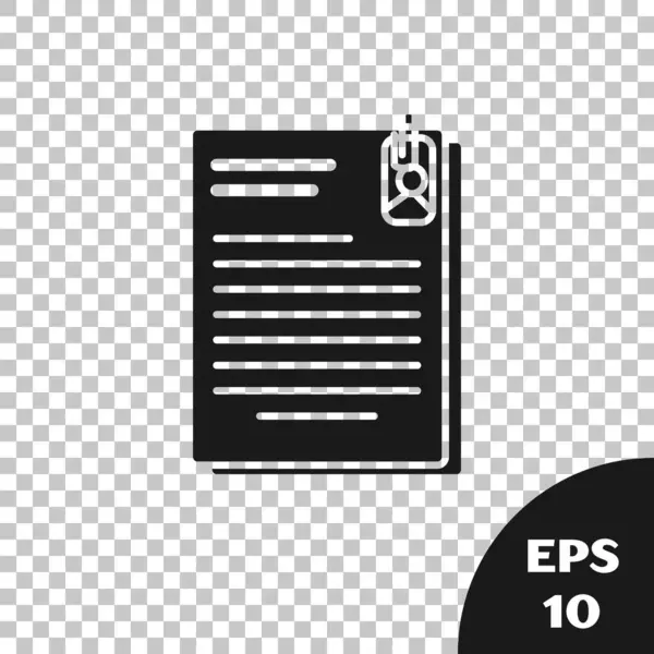 Documento de archivo negro e icono de clip de papel aislados sobre fondo transparente. Icono de lista de verificación. Concepto de negocio. Ilustración vectorial — Archivo Imágenes Vectoriales