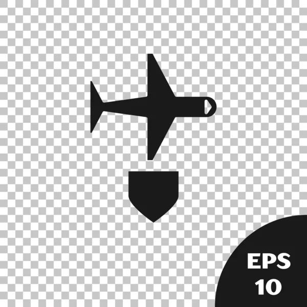 Schwarzes Flugzeug mit Schildsymbol auf transparentem Hintergrund. Fliegendes Flugzeug. Flugzeugversicherung. Sicherheit, Sicherheit, Schutz, Schutzkonzept. Vektorillustration — Stockvektor