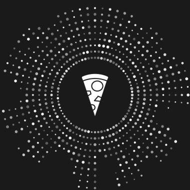 Gri arkaplanda beyaz pizza ikonu izole edilmiş. Soyut çember rastgele noktalar. Vektör İllüstrasyonu