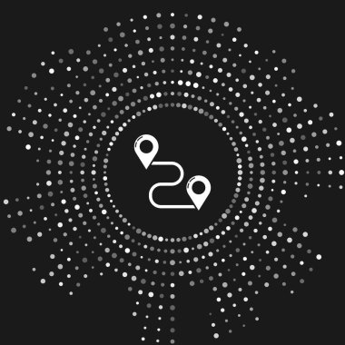 Gri arka planda yalıtılmış Beyaz Rota konum simgesi. Harita işaretçisi işareti. Yol veya yol kavramı. Gps navigasyon cihazı. Soyut daire rasgele nokta. Vektör İllüstrasyonu