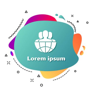 Beyaz Küre ve beyaz arka planda izole edilmiş kişiler simgesi. Küresel iş sembolü. Sosyal ağ simgesi. Sıvı şekilli soyut afiş. Vektör İllüstrasyonu