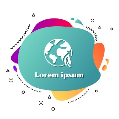 Beyaz Dünya küresi ve beyaz arka plan üzerinde izole yaprak simgesi. Dünya veya Dünya işareti. Geometrik şekiller. Çevre kavramı. Sıvı şekilli soyut afiş. Vektör İllüstrasyonu