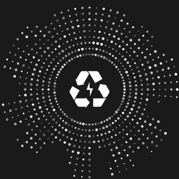 Weiße Batterie mit Recycling-Symbol Zeilensymbol isoliert auf grauem Hintergrund. Batterie mit Recycling-Symbol - Konzept für erneuerbare Energien. abstrakte Kreis zufällige Punkte. Vektorillustration — Stockvektor