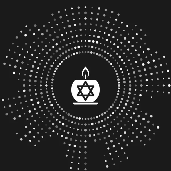 White Burning candle in candlestick with star of david icon isolated on grey background. Cylindrical candle stick with burning flame. Abstract circle random dots. Vector Illustration — Stock Vector