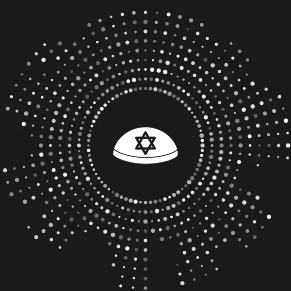 Kippah juif blanc avec étoile de l'icône de David isolé sur fond gris. Chapeau yarmulke juif. Cercle abstrait points aléatoires. Illustration vectorielle — Image vectorielle