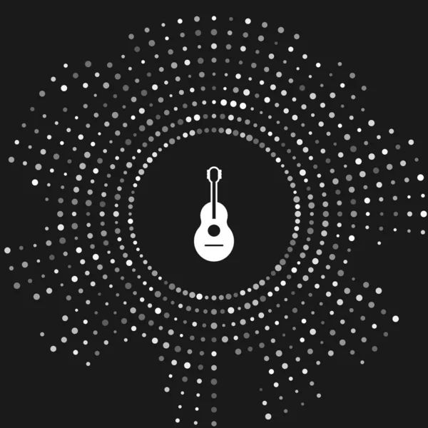 Weißes Gitarrensymbol isoliert auf grauem Hintergrund. akustische Gitarre. Saiteninstrument. abstrakte Kreis zufällige Punkte. Vektorillustration — Stockvektor