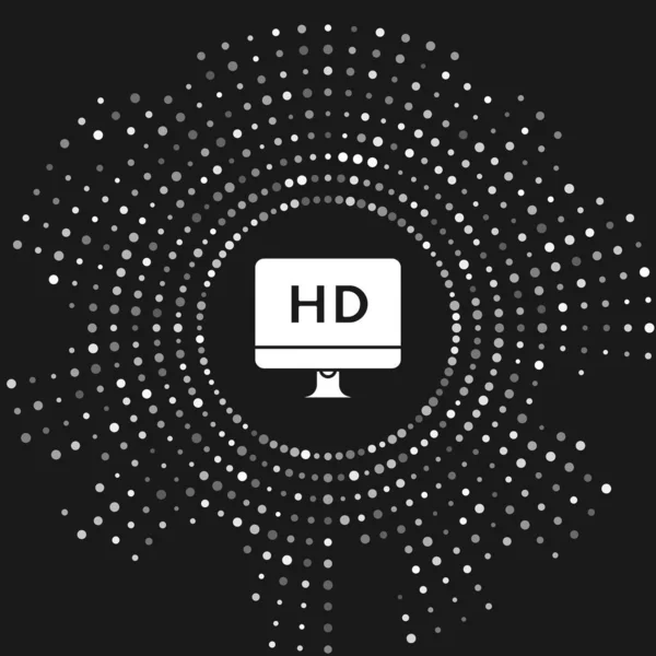 Écran d'ordinateur PC blanc avec icône de la technologie vidéo HD isolé sur fond gris. Cercle abstrait points aléatoires. Illustration vectorielle — Image vectorielle