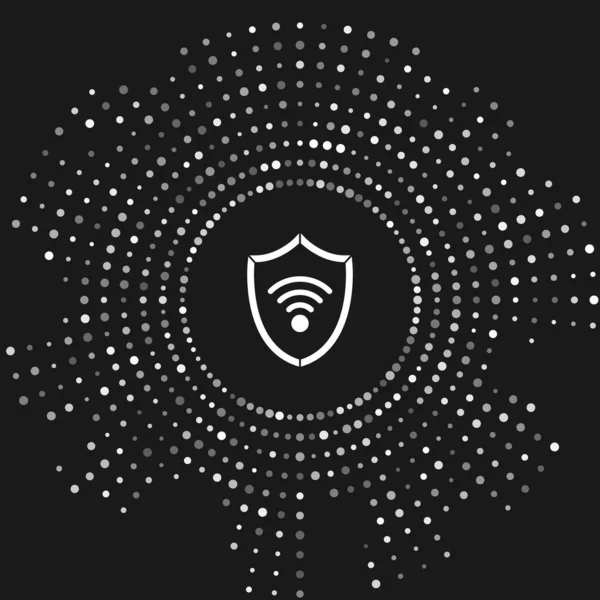 White Shield z bezprzewodową ikoną sieci bezprzewodowej Wi-Fi izolowane na szarym tle. Koncepcja bezpieczeństwa. Abstrakcyjne kółko przypadkowych kropek. Ilustracja wektora — Wektor stockowy