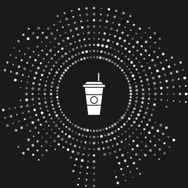Icono de taza de café blanco aislado sobre fondo gris. taza de café desechable con café caliente. Puntos aleatorios de círculo abstracto. Ilustración vectorial — Vector de stock