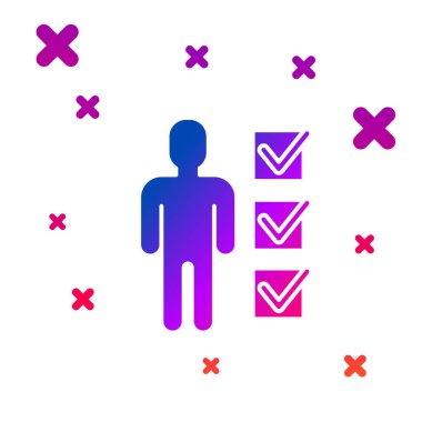 Beyaz arka planda izole edilmiş iş elbisesi simgesi içindeki adam rengi kullanıcısı. İş simgesi kullanıcı profili simgesi simgesi. Erkek kullanıcı işareti. Kademeli rastgele dinamik şekiller. Vektör İllüstrasyonu