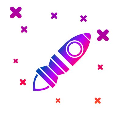 Beyaz arka planda izole edilmiş ateş ikonu olan Renkli Roket gemisi. Uzay yolculuğu. Kademeli rastgele dinamik şekiller. Vektör İllüstrasyonu