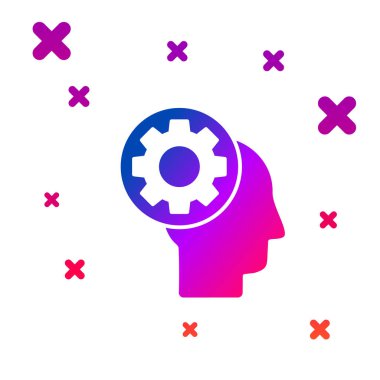 Beyaz arka planda izole edilmiş ikon içerisindeki teçhizatlı renkli insan kafası. Yapay zeka. Beyin işaretini düşünüyorum. Beynin sembol çalışması. Kademeli rastgele dinamik şekiller. Vektör İllüstrasyonu