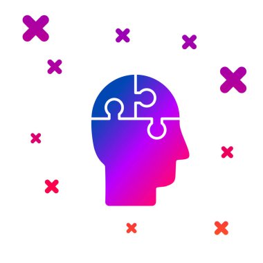 Beyaz arka planda izole edilmiş Renkli İnsan kafası bulmaca strateji simgesi. Beyin işaretini düşünüyorum. Beynin sembol çalışması. Kademeli rastgele dinamik şekiller. Vektör İllüstrasyonu