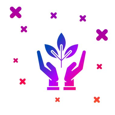 Beyaz arka planda izole çevre koruma simgesi elinde renk tesisi. Tohum ve fide. Fidan dikmek. Ekoloji konsepti. Degrade rasgele dinamik şekiller. Vektör Illustration