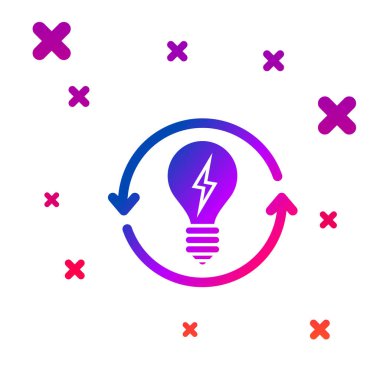 Beyaz arka planda izole edilmiş yıldırım sembollü renk geri dönüşümü ve ampul. Lamba ışığı. Fikir sembolü. Kademeli rastgele dinamik şekiller. Vektör İllüstrasyonu