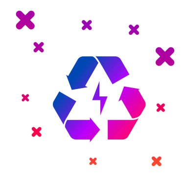 Beyaz arkaplanda izole edilmiş geri dönüşüm sembolü simgesine sahip renk pili. Geri dönüşüm sembollü pil - yenilenebilir enerji konsepti. Kademeli rastgele dinamik şekiller. Vektör İllüstrasyonu