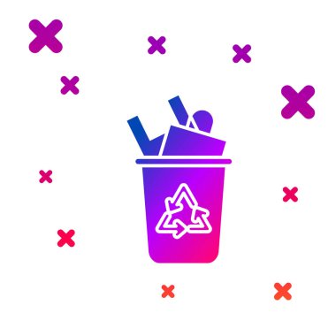 Beyaz arkaplanda izole edilmiş geri dönüşüm sembolü simgesi olan renk geri dönüşüm kutusu. Çöp kutusu simgesi. Çöp kutusu tabelası. Geri dönüşüm sepeti işareti. Kademeli rastgele dinamik şekiller. Vektör İllüstrasyonu