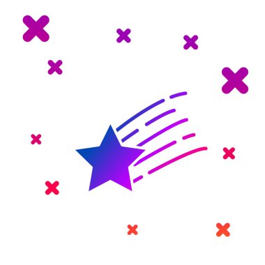 Beyaz arkaplanda izole edilmiş düşen renkli yıldız simgesi. Yıldız izi ile kayan yıldız. Göktaşı, göktaşı, kuyruklu yıldız, asteroid, yıldız ikonu. Kademeli rastgele dinamik şekiller. Vektör İllüstrasyonu