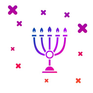 Beyaz arkaplanda izole edilmiş renkli Hanuka menorası simgesi. Geleneksel Hanuka sembolü. Tatil dini, Yahudi Işık Festivali. Kademeli rastgele dinamik şekiller. Vektör İllüstrasyonu