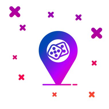 Color Casino konumu simgesi beyaz arkaplanda izole edildi. Oyun zar simgesi. Kademeli rastgele dinamik şekiller. Vektör İllüstrasyonu