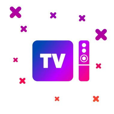 Beyaz arkaplanda izole edilmiş renkli Çokluortam ve televizyon kutusu alıcısı ve uzaktan kumanda simgesine sahip oyuncu. Kademeli rastgele dinamik şekiller. Vektör İllüstrasyonu