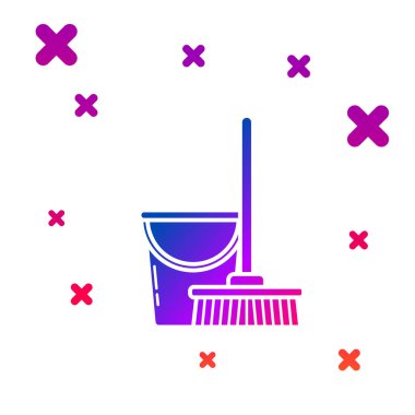 Beyaz arkaplanda izole edilmiş renkli süpürge ve kova simgesi. Temizlik hizmeti konsepti. Kademeli rastgele dinamik şekiller. Vektör İllüstrasyonu