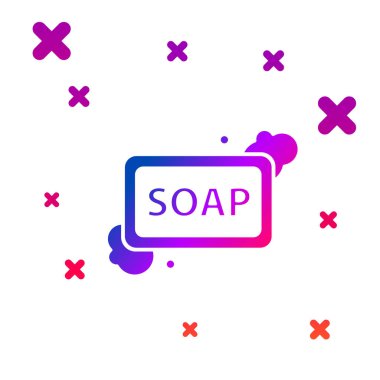 Beyaz zemin üzerinde köpük simgesi olan renkli sabun çubuğu. Köpüklü sabun çubuğu. Kademeli rastgele dinamik şekiller. Vektör İllüstrasyonu