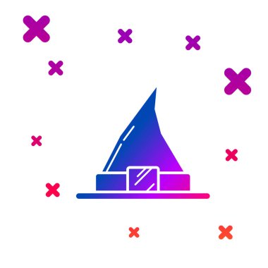 Beyaz arkaplanda izole edilmiş renkli cadı şapkası simgesi. Mutlu Cadılar Bayramı Partisi. Kademeli rastgele dinamik şekiller. Vektör İllüstrasyonu