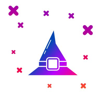 Beyaz arkaplanda izole edilmiş renkli cadı şapkası simgesi. Mutlu Cadılar Bayramı Partisi. Kademeli rastgele dinamik şekiller. Vektör İllüstrasyonu