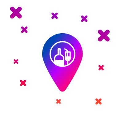 Beyaz arkaplanda izole edilmiş renkli alkol veya bira barı konumu simgesi. İçki, bar, kulüp ve barın sembolü. Kademeli rastgele dinamik şekiller. Vektör İllüstrasyonu