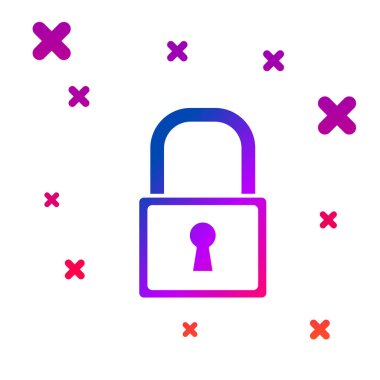 Beyaz arka planda yalıtılmış renk kilidi simgesi. Asma kilit işareti. Güvenlik, emniyet, koruma, gizlilik konsepti. Degrade rasgele dinamik şekiller. Vektör Illustration